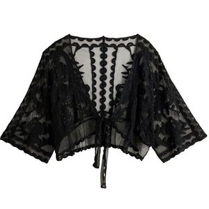 LC Lauren Conrad Black Sheer Embroidered Tie-Front Shrug